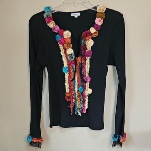 Cordelia Black Long-Sleeve Rib Knit Top with Multicolor Rosette Silk Trim 😍😍